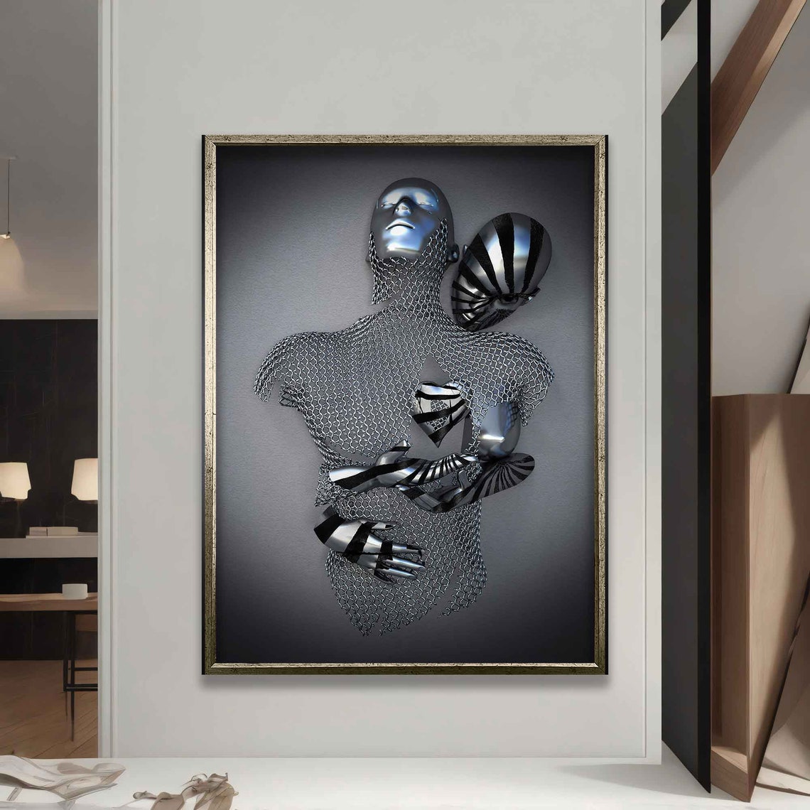 Zebra Striped Kiss Chainmail Man Surreal Sculpture Couple Art Poster