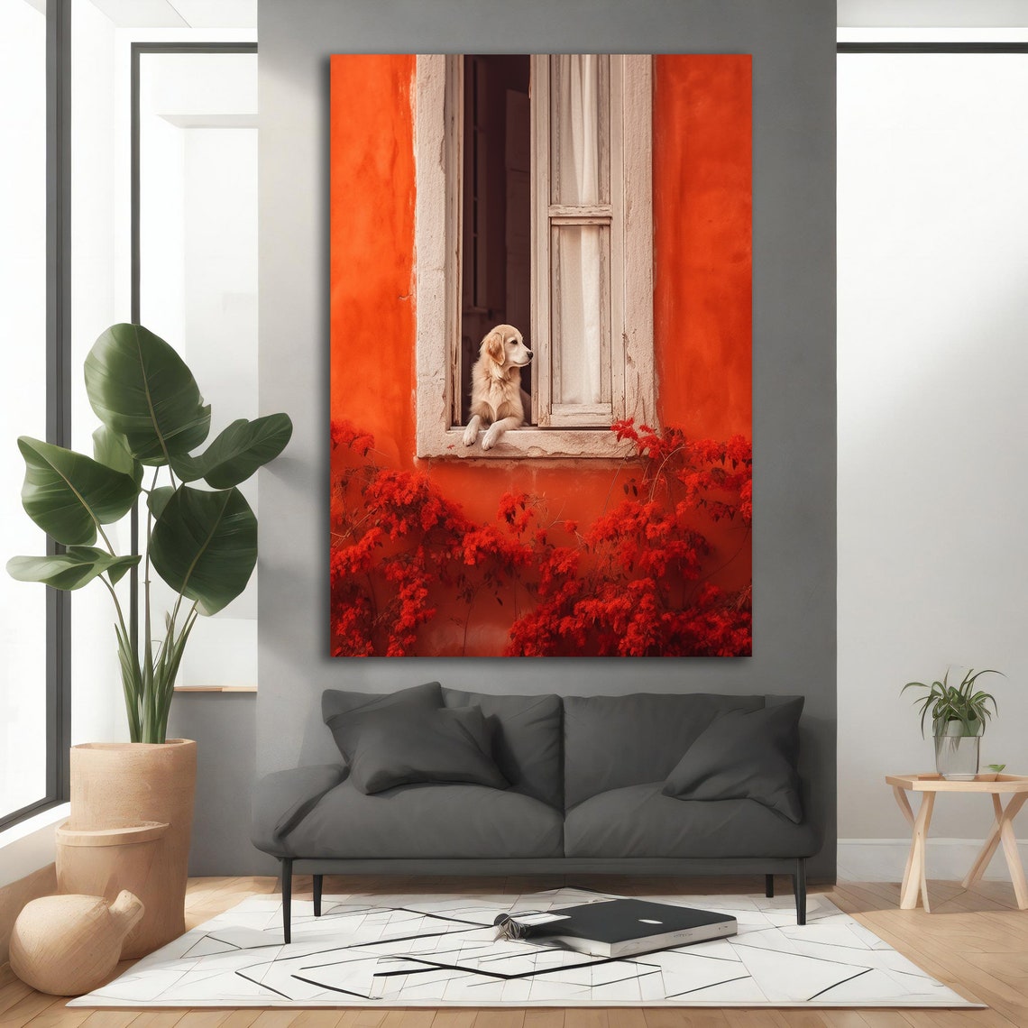 Golden Retriever Puppy Looking Out Window Orange Wall Photo Print - Image 5