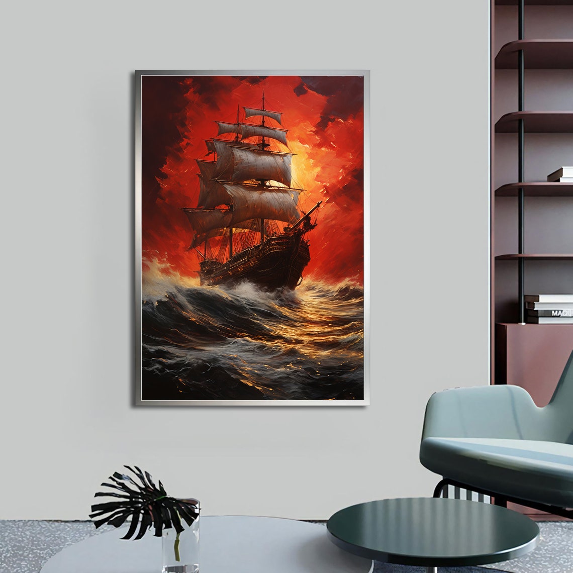 Dark Pirate Ship Fiery Red Storm Night Ocean Waves Art Poster - Image 4