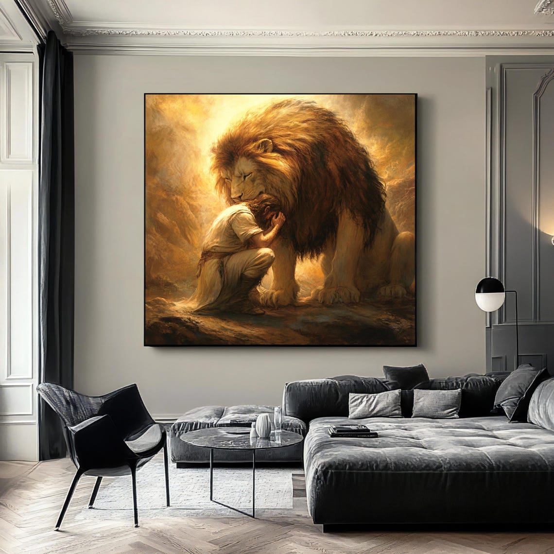 Lion And Jesus Art God Wall Art Home Decor Jesus Painting Lion Of Judah Church Decor Jesus And Lion Wall Art