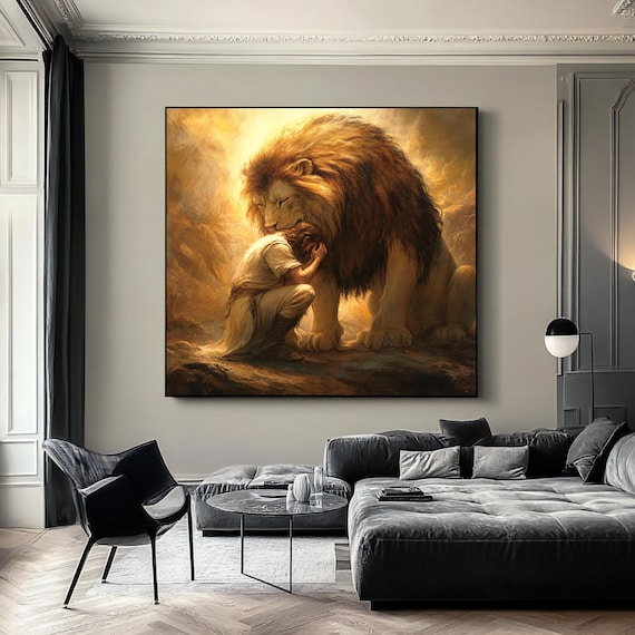 Lion and Man Faith Art Painting Golden Lion of Judah Christian Wall Poster