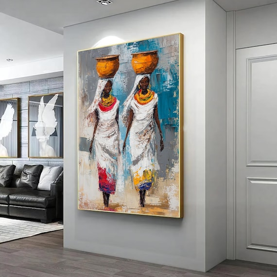 African Women Basket Wall Art Set Vibrant Tribal Artwork Multicolor Modern Home Decor Afrocentric Wall Panels Ethnic Art