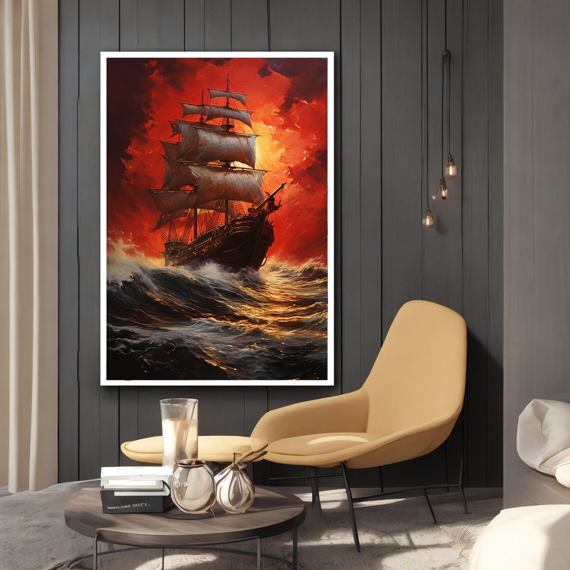 Dark Pirate Ship Fiery Red Storm Night Ocean Waves Art Poster - Image 2