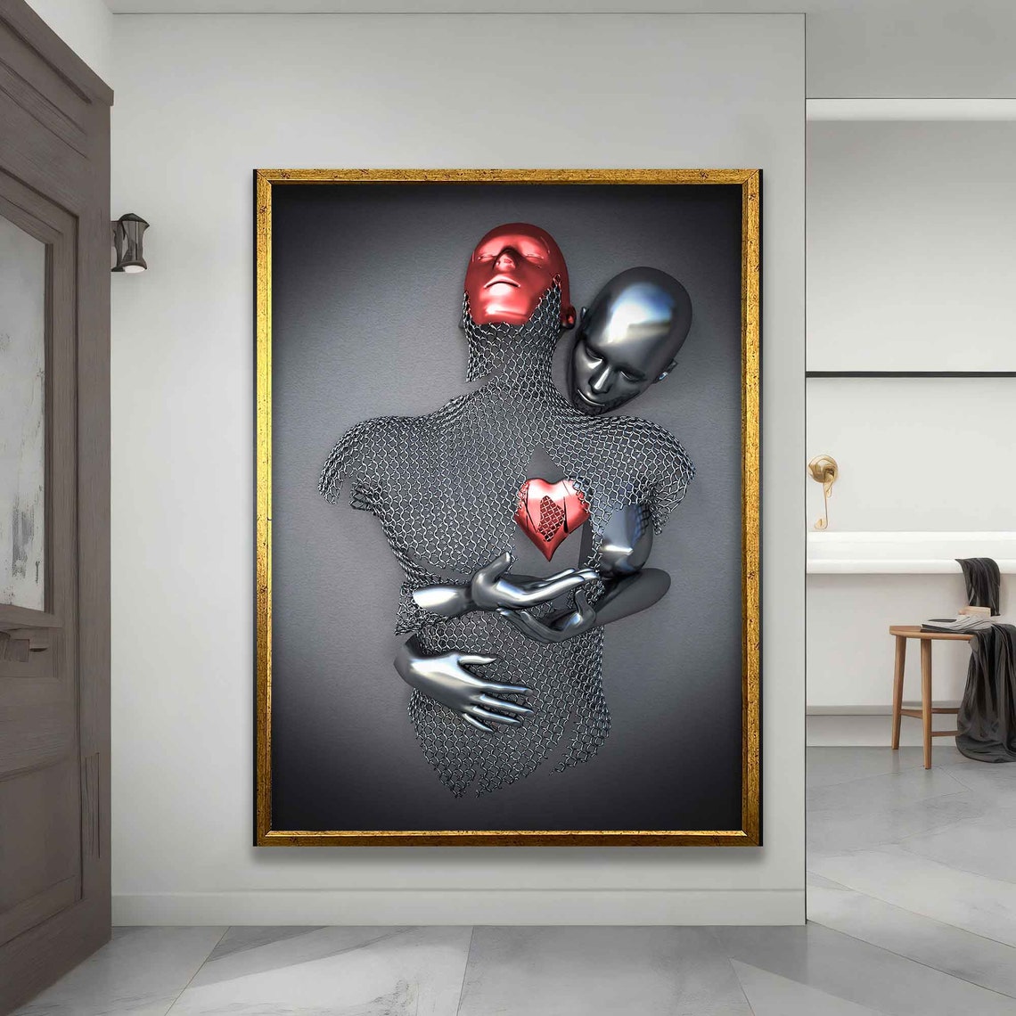 Red Heart Love Two Figures Chainmail Sculpture Couple Embrace Poster - Image 3