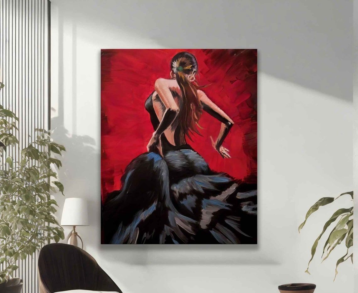 Flamenco Dancer Black Ruffled Dress Vivid Red Stage Passion Art Poster - Image 2