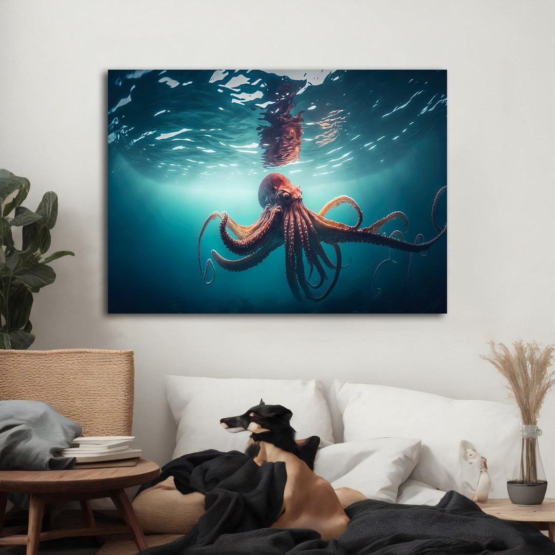 Octopus Swimming Under Sunlit Ocean Surface Tentacles Spread Poster - Image 2