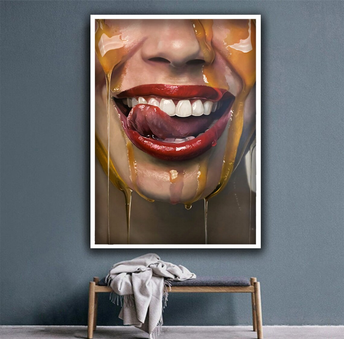 Bold Red Lips Honey Dripping Tongue Out Pop Art Woman Face Wall Poster - Image 3