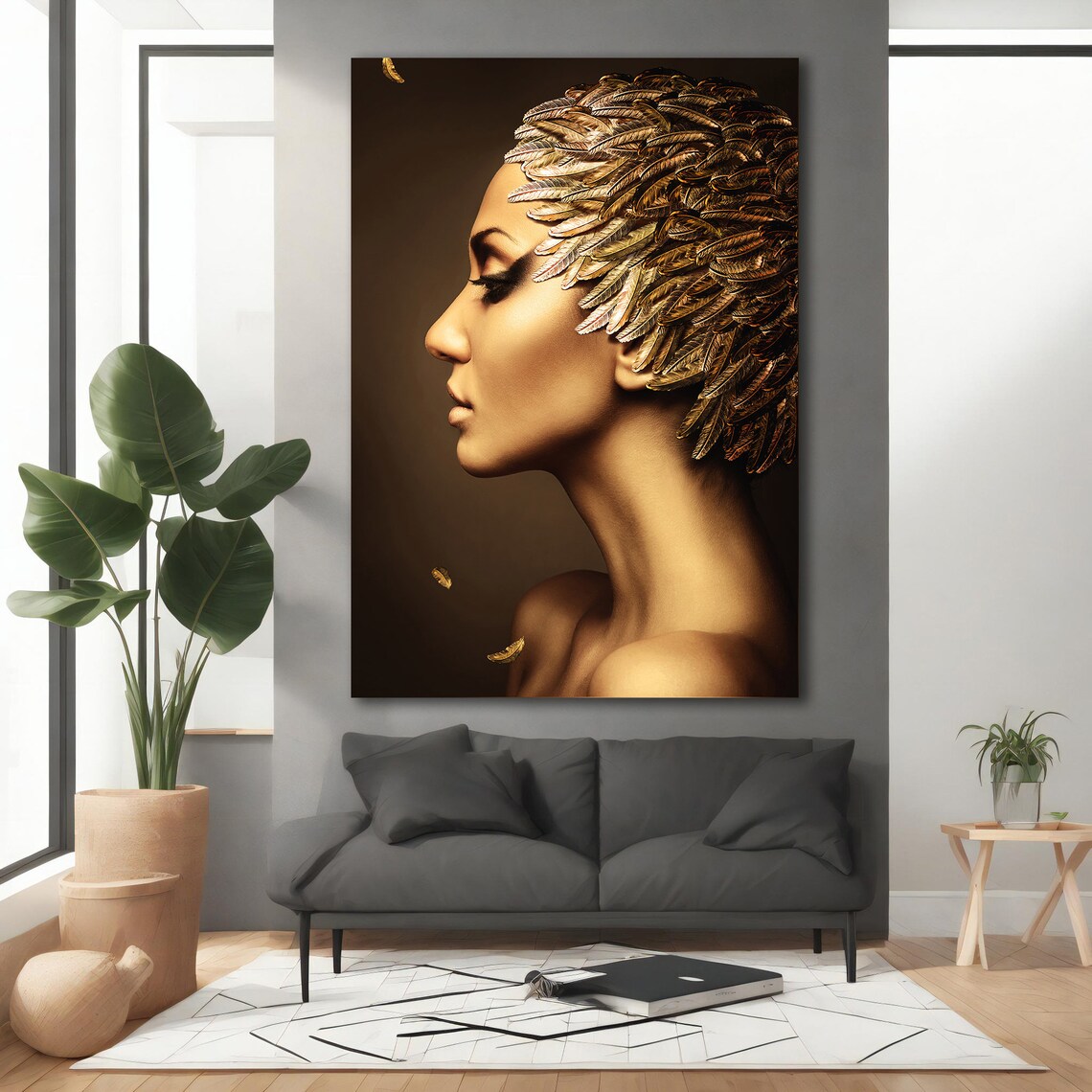 Golden Feather Woman Profile Portrait Luxurious Brown Black Wall Art Print - Image 3