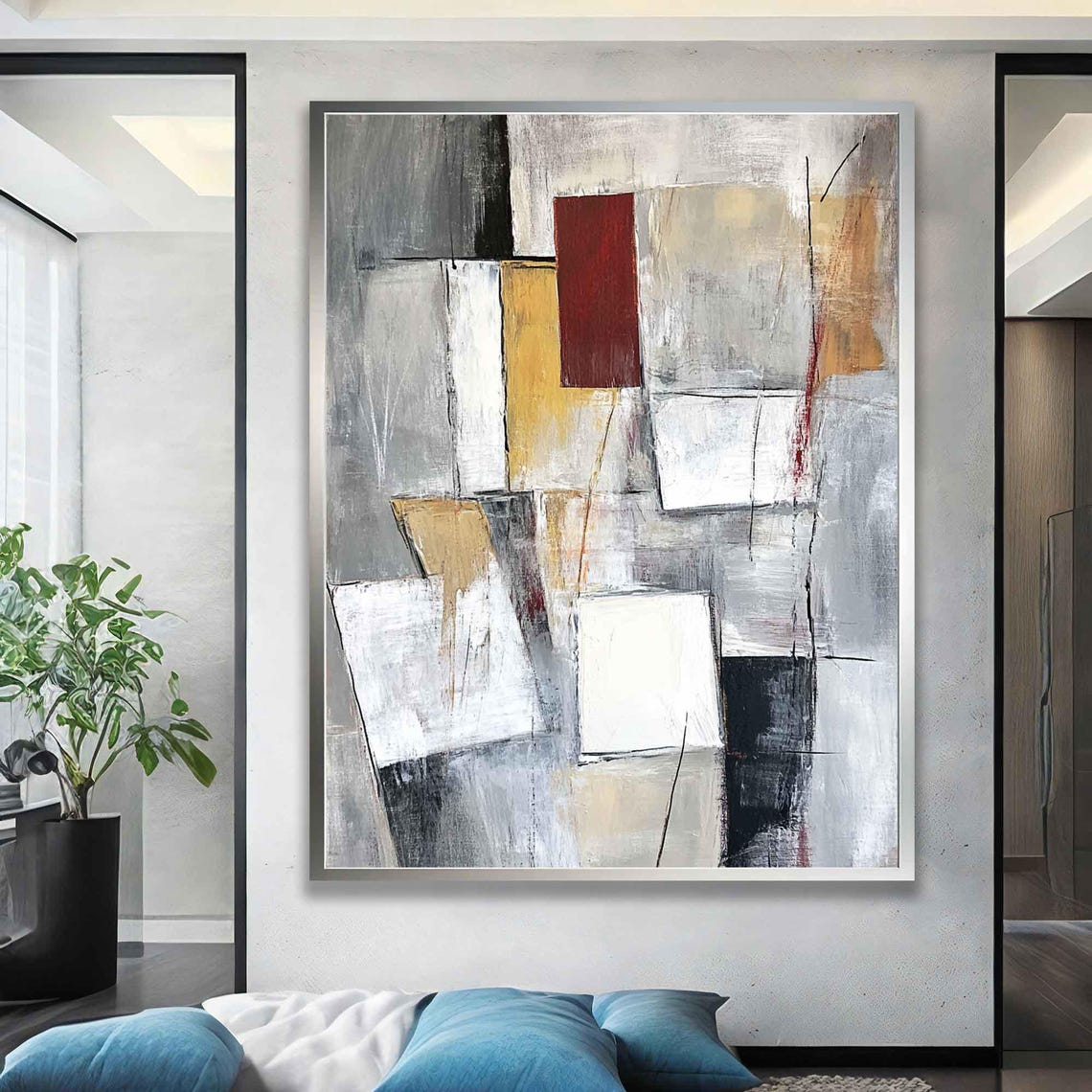 Abstract Geometric Grey White Red Gold Modern Minimalist Wall Art - Image 3