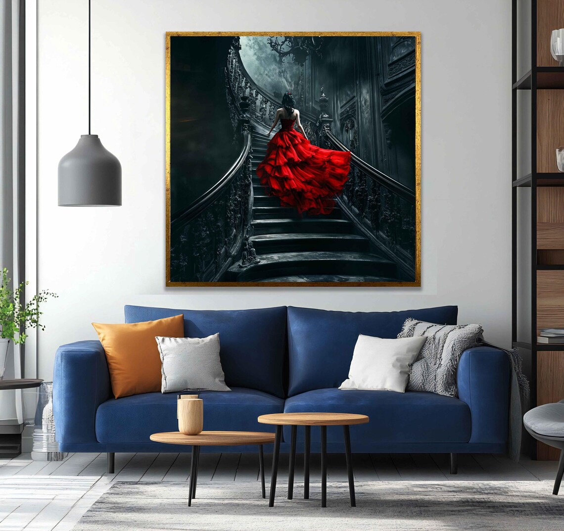 Woman in Red Dress on Gothic Staircase Painting Dramatic Dark Wall Poster - Image 5