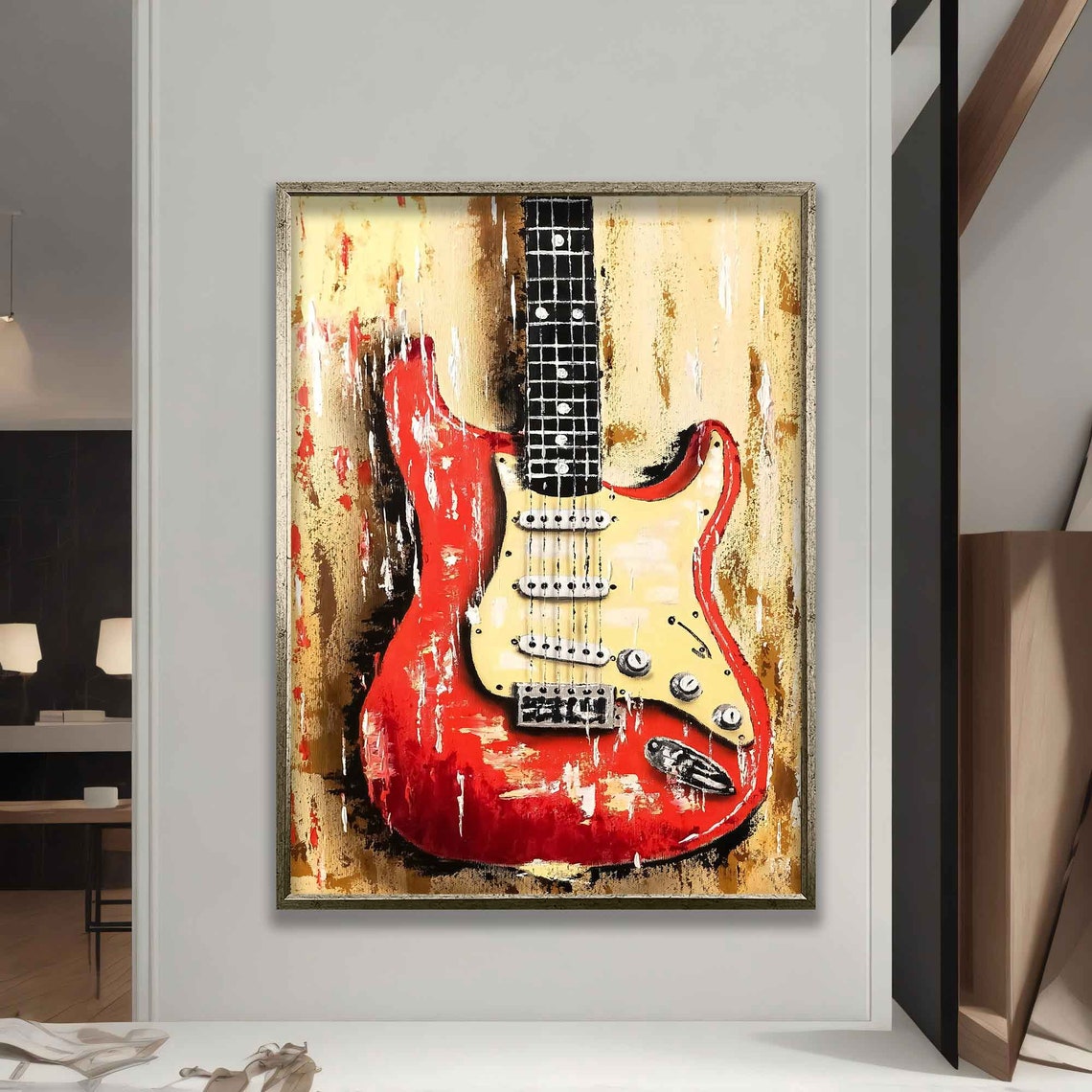 Red Electric Guitar Painting Vintage Rock Music Art Wall Poster - Image 5