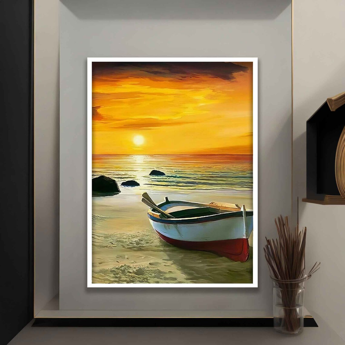 Boat on Beach at Golden Sunset Seascape Serene Travel Art Poster - Image 5