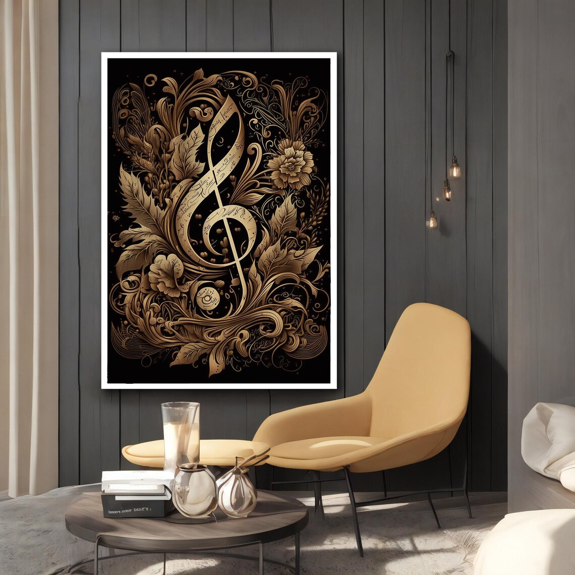 Golden Treble Clef Floral Black Ornate Musical Elegant Musician Wall Art Poster - Image 2