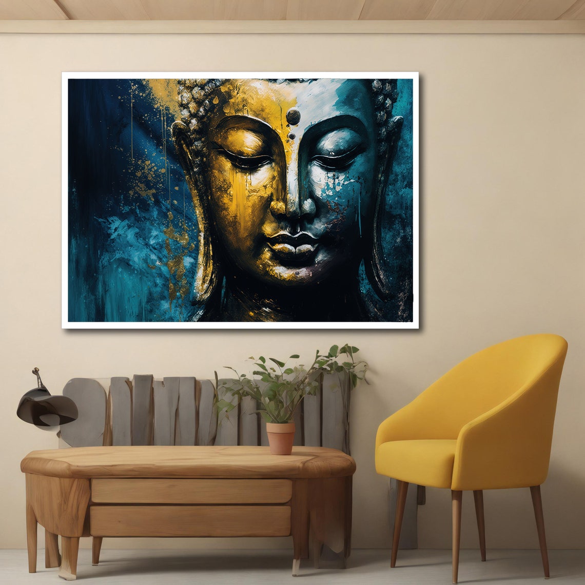 Buddha Print Buddhism Art Religious Abstract Sculpture Blue Yellow Spiritual Wall Decor Modern Art - Image 3