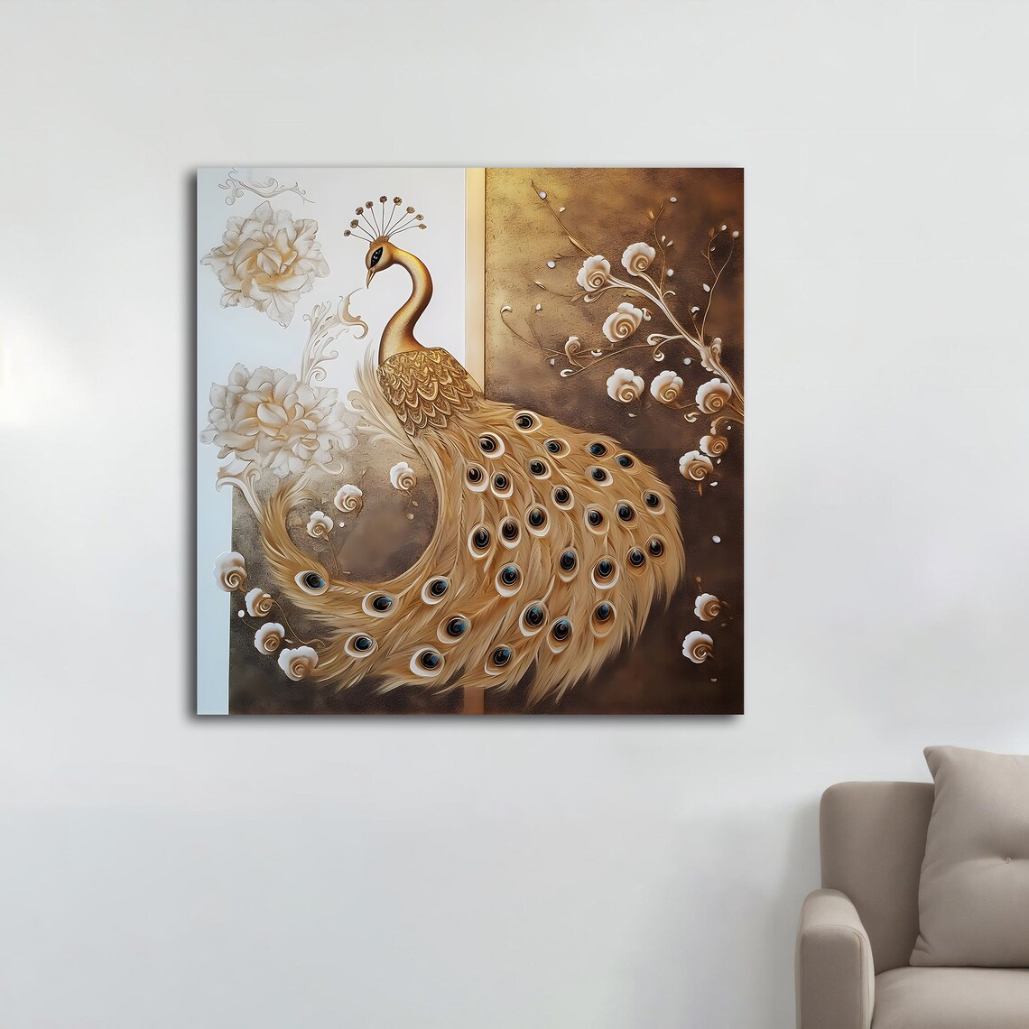Golden Peacock With Fanned Tail Elegant Floral Bronze Wall Art Print