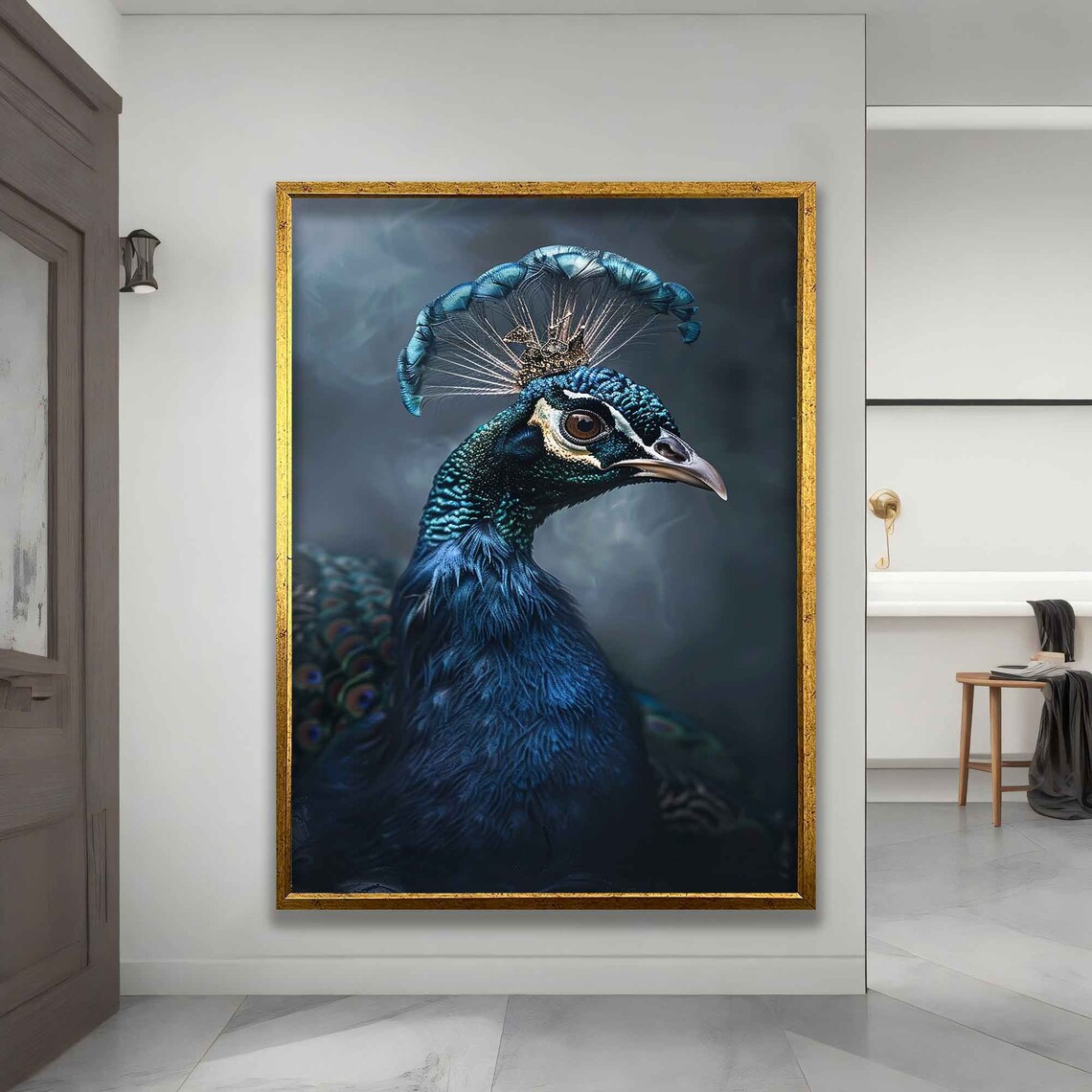 Peacock With Crown, Dark Gray Background Art Print - Image 3