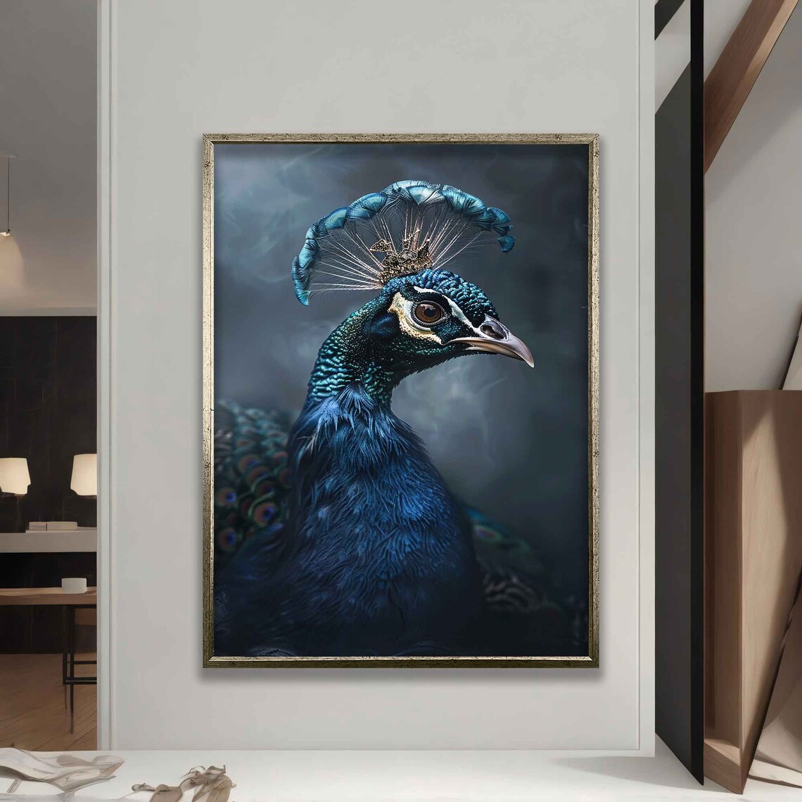 Peacock With Crown, Dark Gray Background Art Print - Image 5