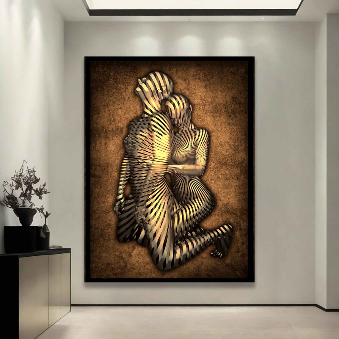 Bronze Abstract Embracing Couple Sculpture Love Golden Wall Art - Image 3