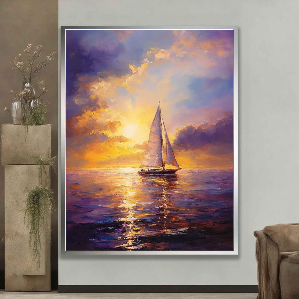 Lone Sailboat Sunset Purple Orange Clouds Golden Reflection Poster - Image 2