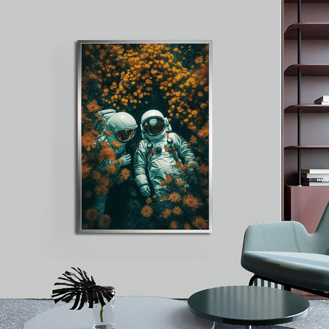 Two Astronauts Resting Among Yellow Wildflowers Aerial View Art Poster - Image 4