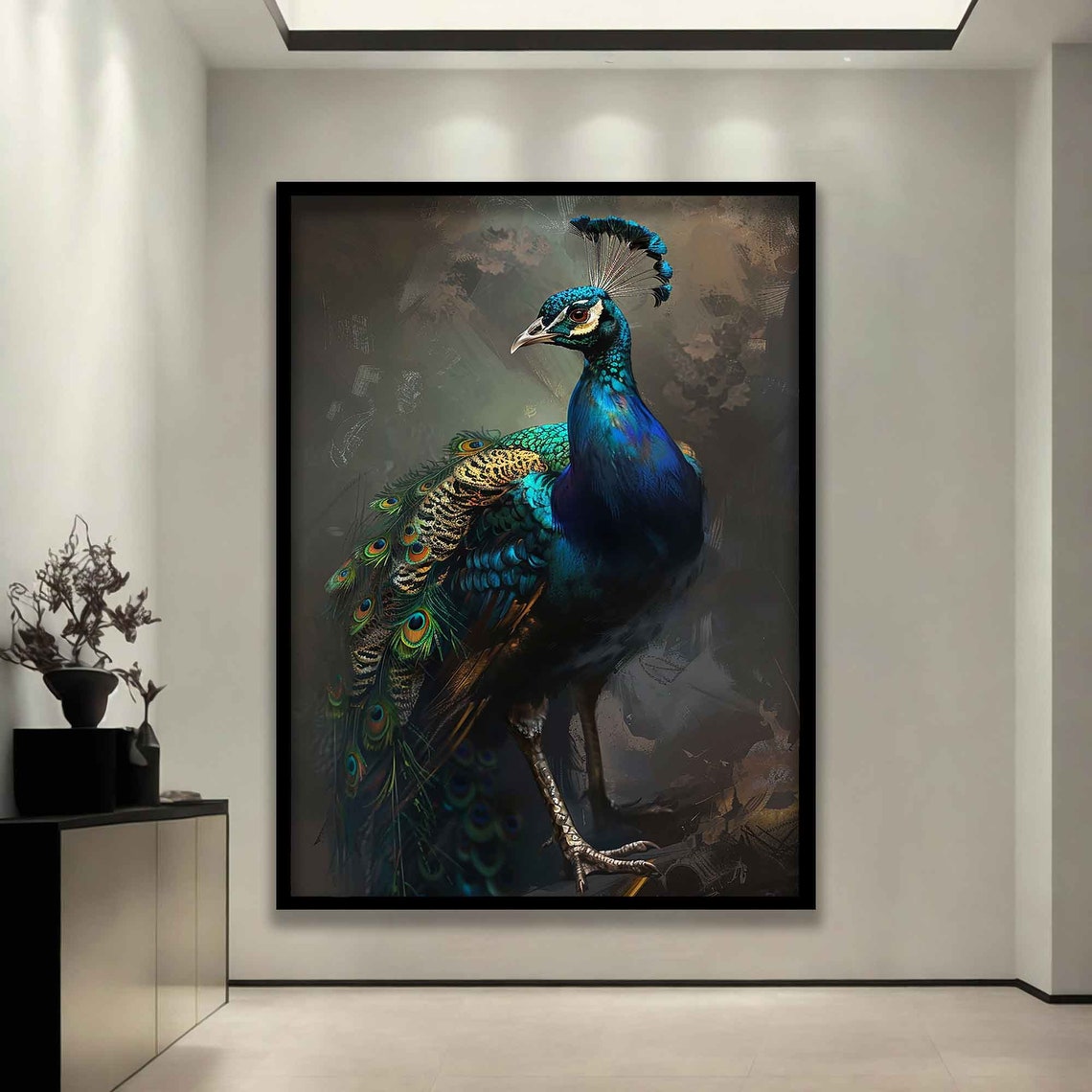 Majestic Peacock Full Body Iridescent Feathers Dark Canvas Art Poster - Image 3