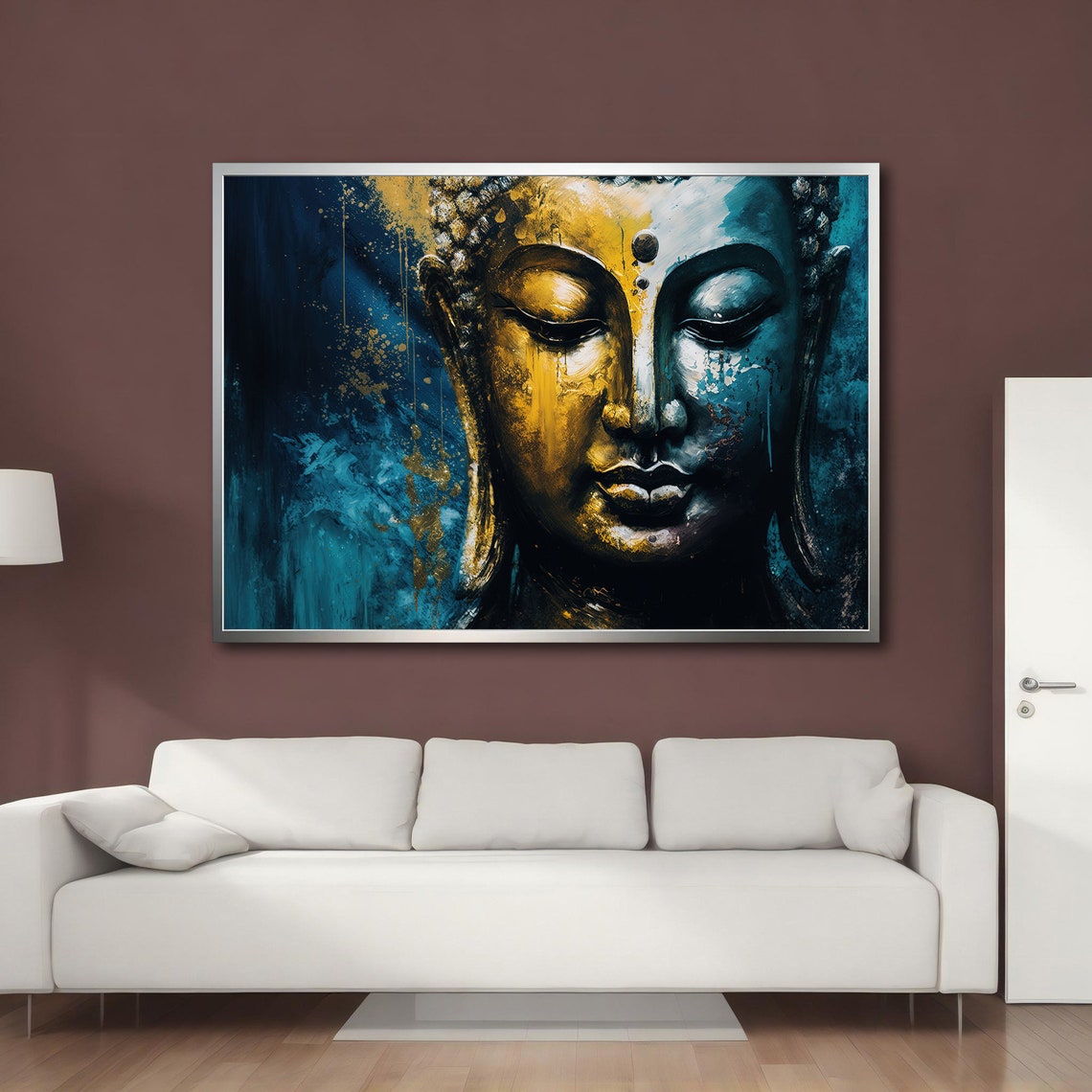 Abstract Gold Teal Buddha Face Painted Portrait Spiritual Poster - Image 4