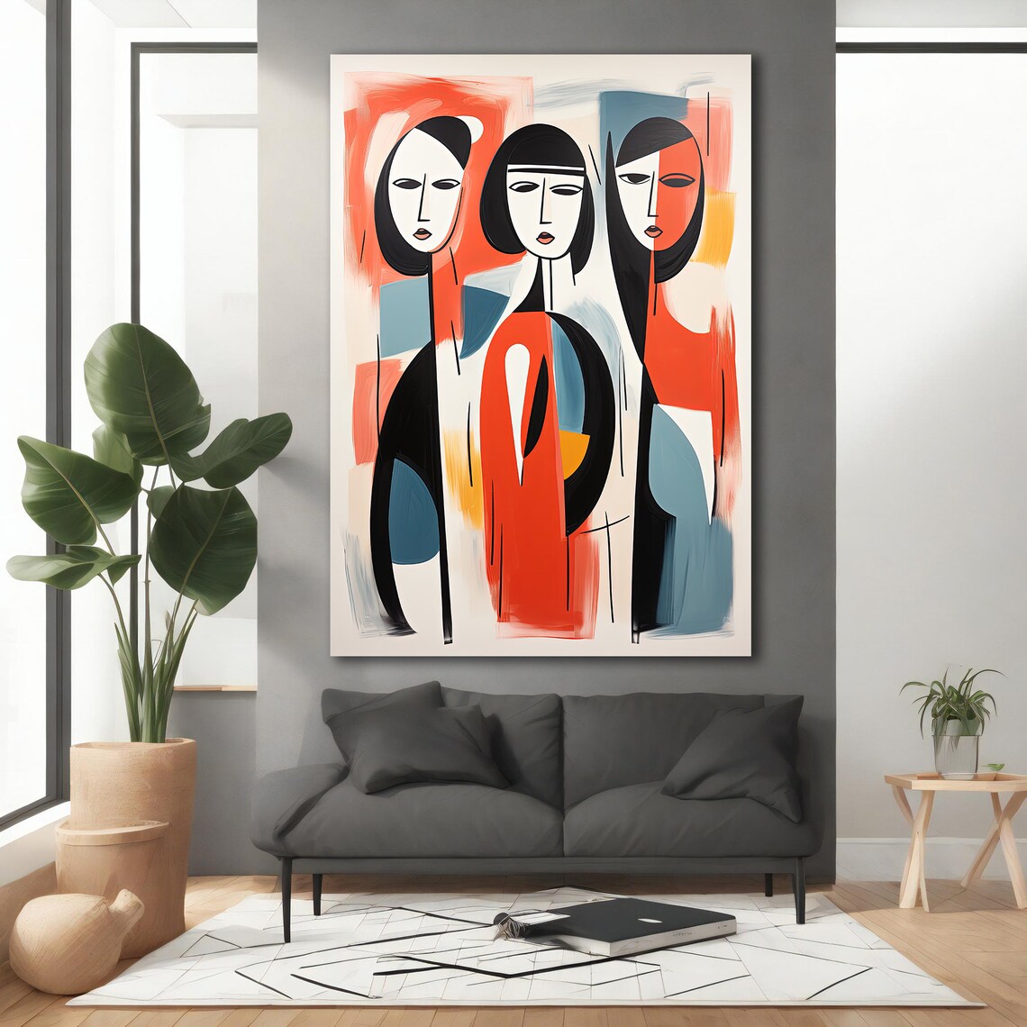 Three Abstract Women Figurative Cubist Painting Red Blue Modern Wall Art Print - Image 4