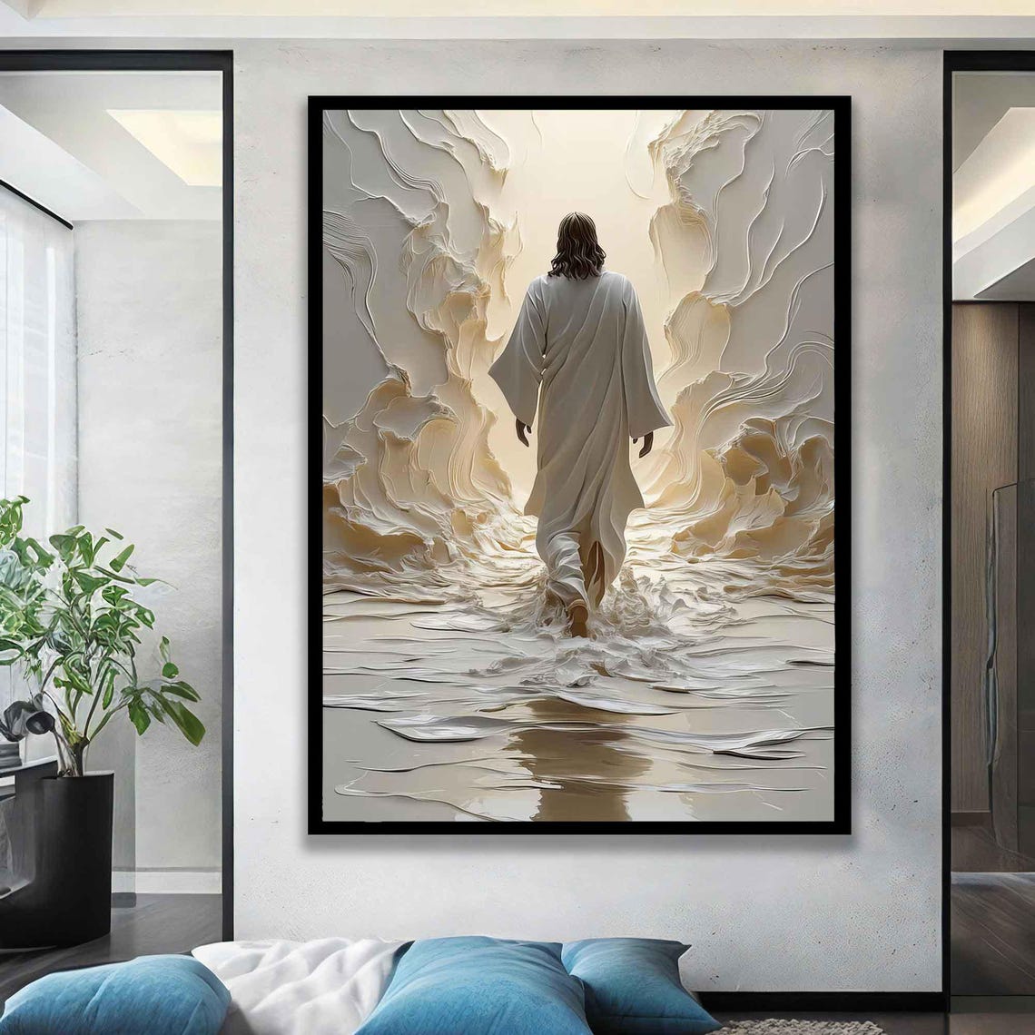Jesus Walking Through Parted Waters White Relief Spiritual Art Print - Image 3