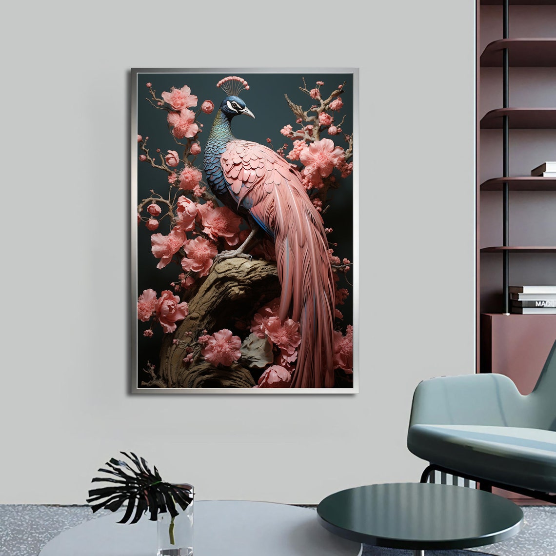 Pink Peacock Perched Cherry Blossom Branch Romantic Wall Art - Image 5