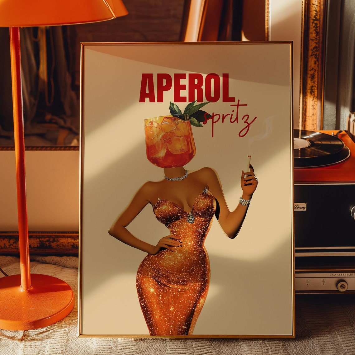 Aperol Spritz Cocktail Art Print, Retro Bar Cart Decor