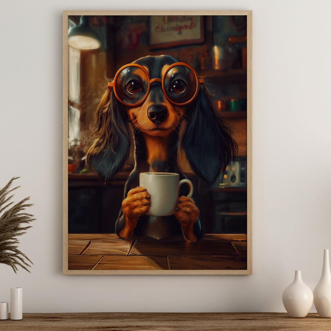 Coffee Lover Dachshund Poster, Cute Kitchen Decor