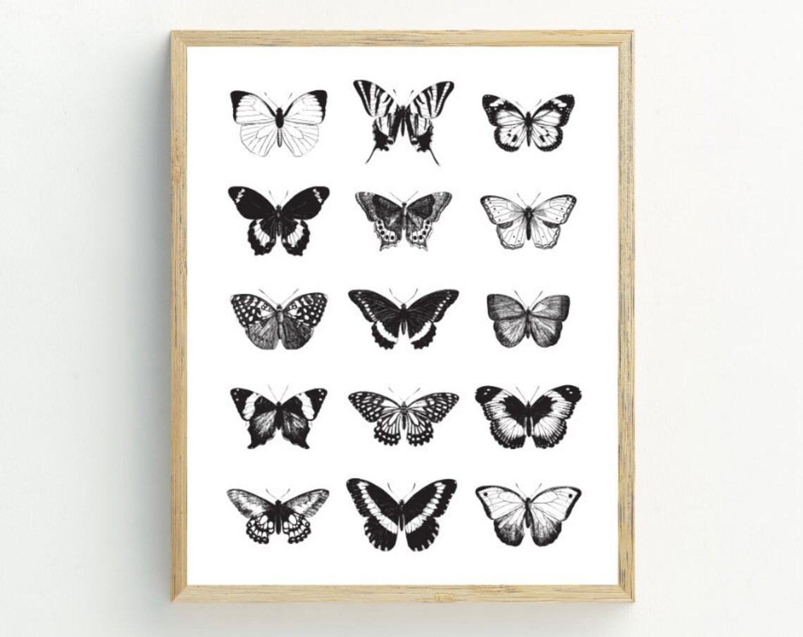 Butterflies Monochrome Butterfly Art Print, Black And White
