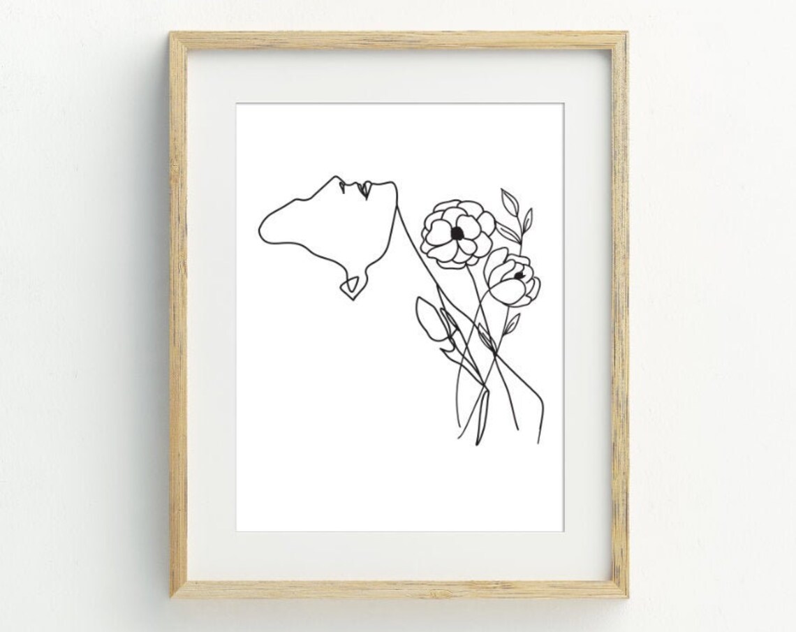 Woman Profile Floral One Line Drawing Minimalist Black White Poster