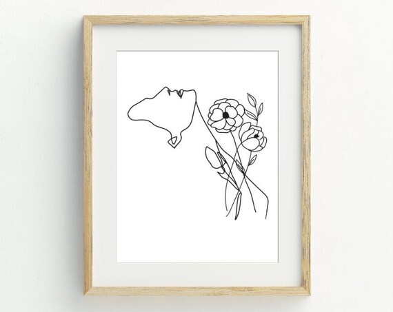 Woman Profile Floral One Line Drawing Minimalist Black White Poster
