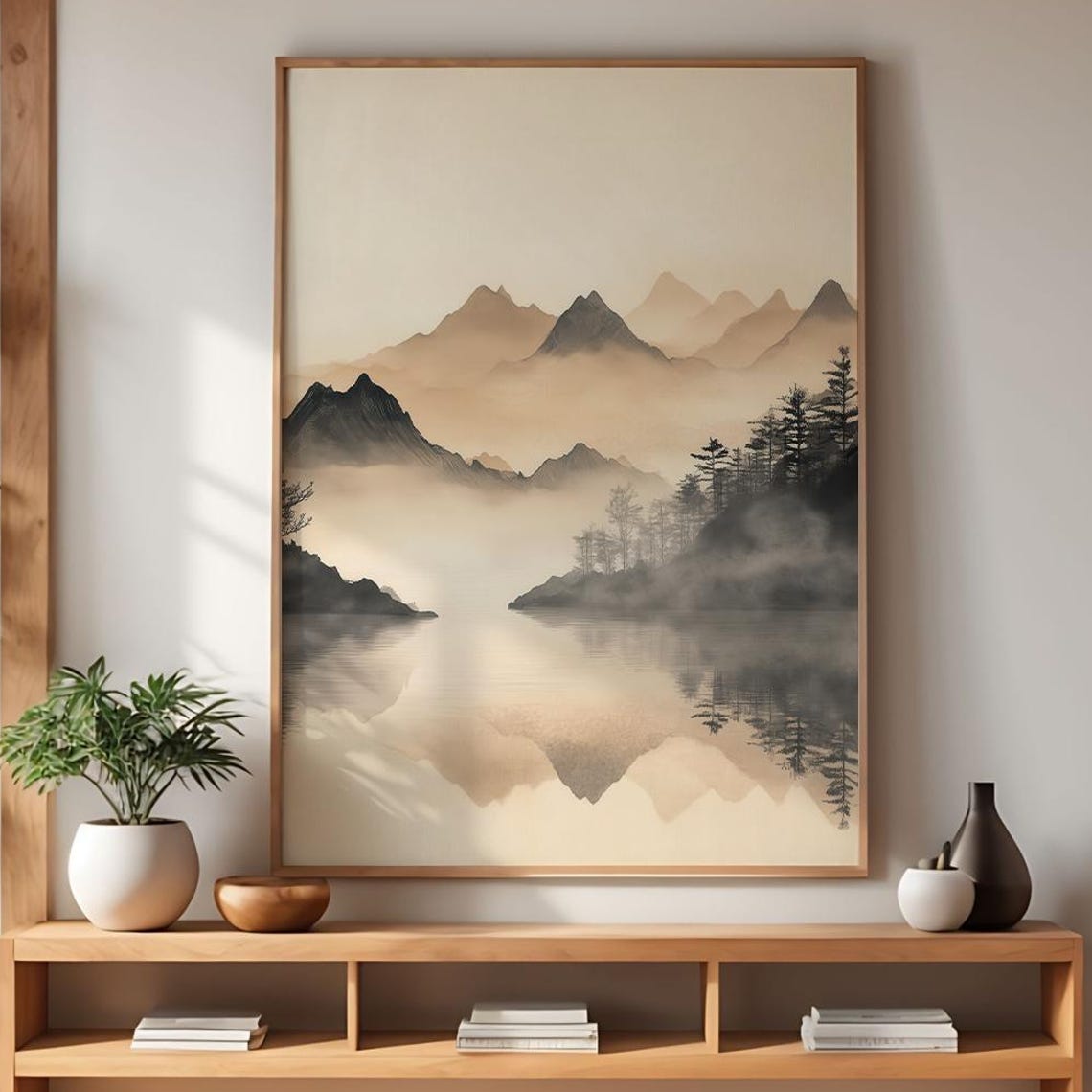Misty Mountain Reflection Japandi Wall Art Minimalist Zen Landscape Tranquil Nature Print Neutral Modern Home Decor