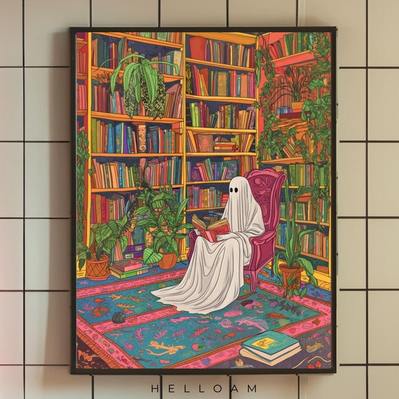 Cute Ghost In A Library Print Romantic Dark Academia Moody Cottagecore Spooky Decor Vintage Poster Gothic Painting Reading Ghost Pink