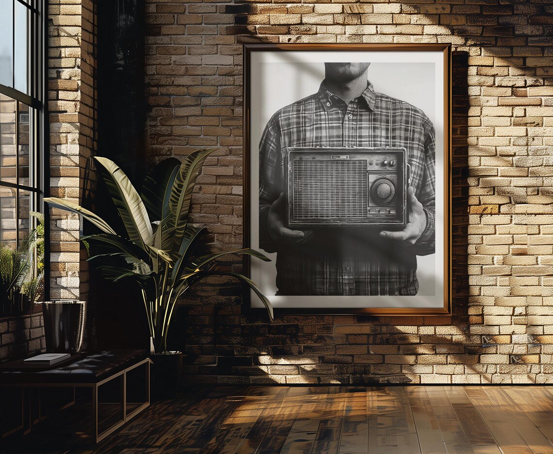 Man In Plaid Holding Vintage Radio Black And White Retro Poster - Image 2