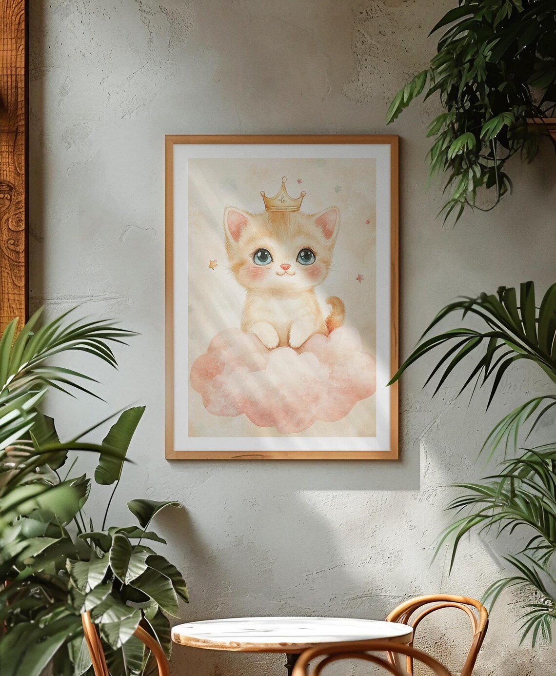 Cute Kitten With Golden Crown On Pink Cloud Nursery Room Poster