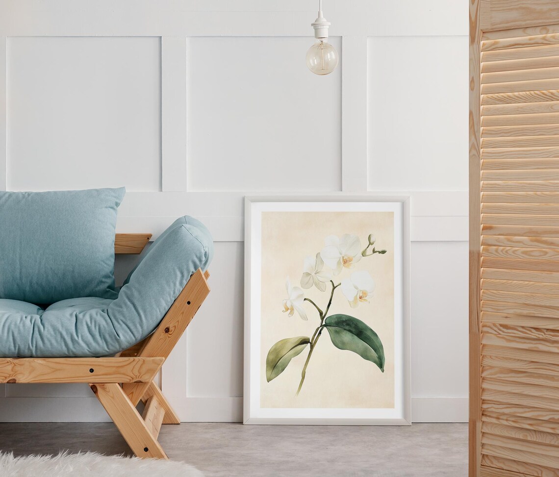 White Orchid Blossoms Watercolor Botanical Minimalist Art Poster - Image 3