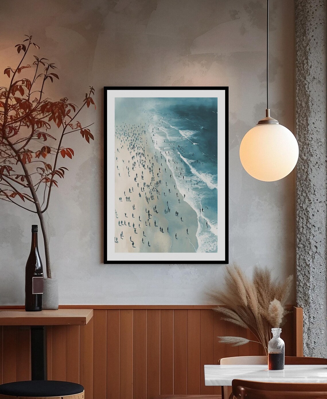 Aerial Crowded Beach Teal Waves Minimalist Coastal Photo Poster
