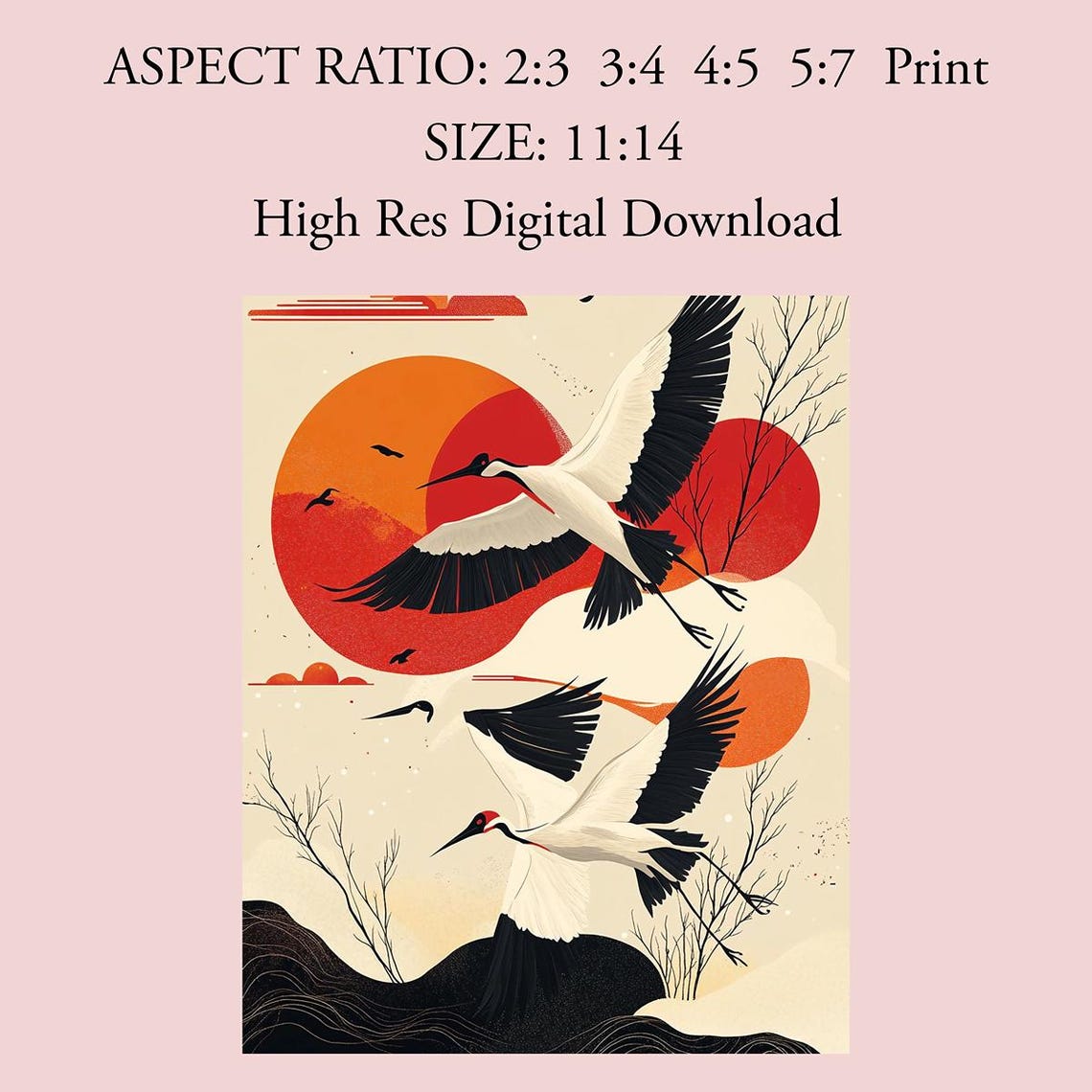 Flying Red Crowned Cranes Over Red Sun Japanese Style Poster - Image 3