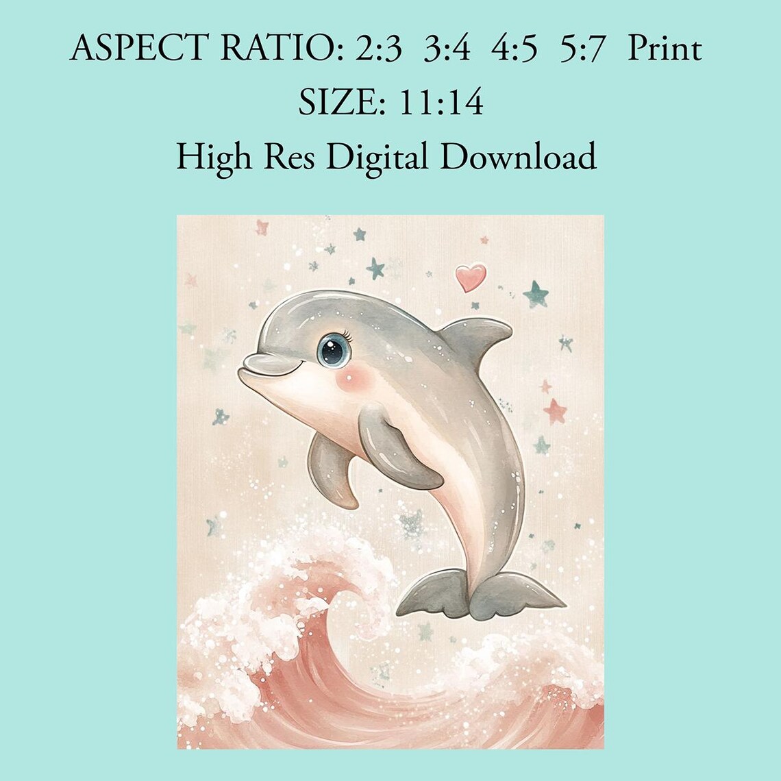 Cute Baby Dolphin Leaping Over Pastel Wave Ocean Nursery Poster - Image 4