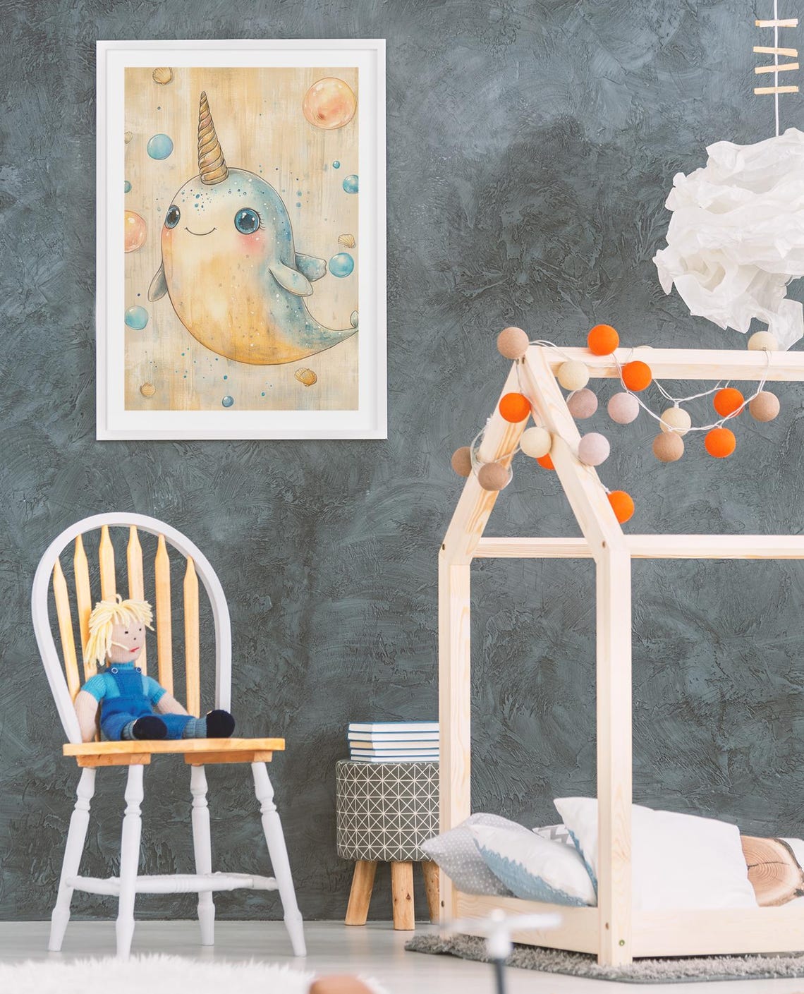 Cute Narwhal With Bubbles And Shells Ocean Nursery Room Poster - Image 3