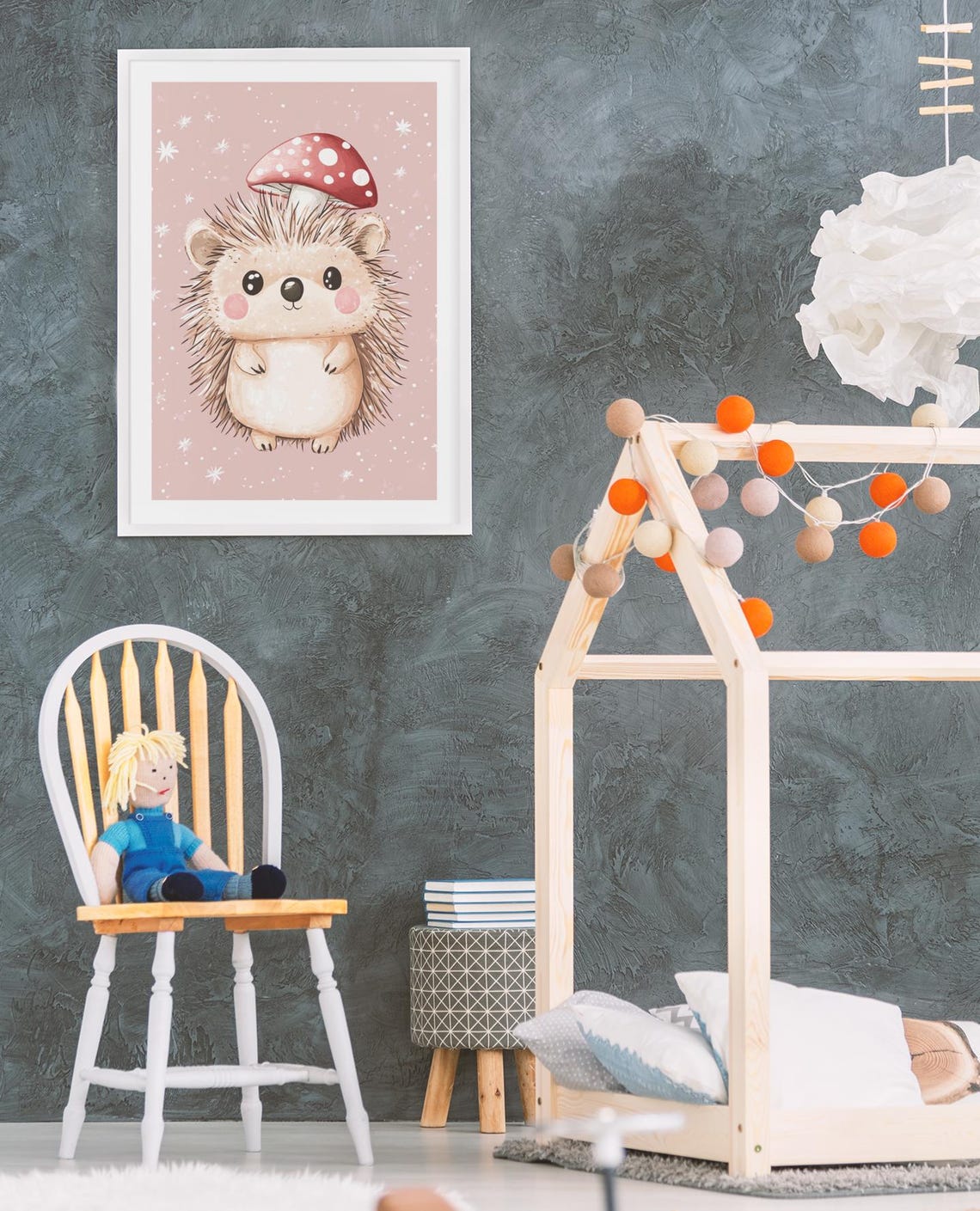 Cute Hedgehog With Mushroom Cap Sparkling Pink Nursery Poster - Image 3