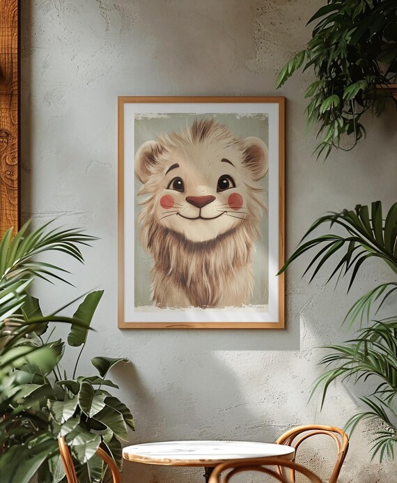 Adorable Fluffy Lion With Big Brown Eyes Nursery Animal Wall Art