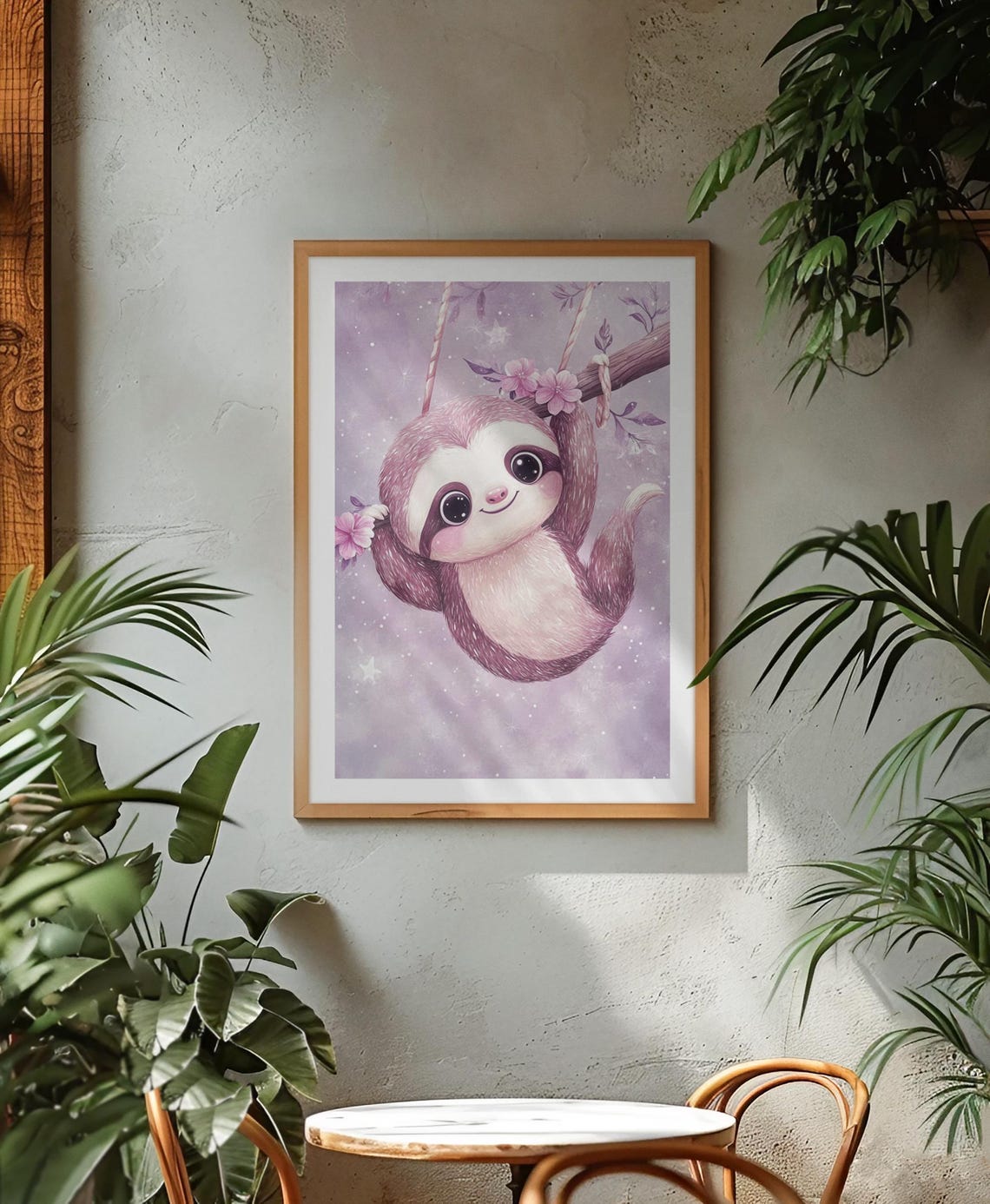 Cute Sloth On Branch With Blossoms Purple Dreamy Nursery Poster