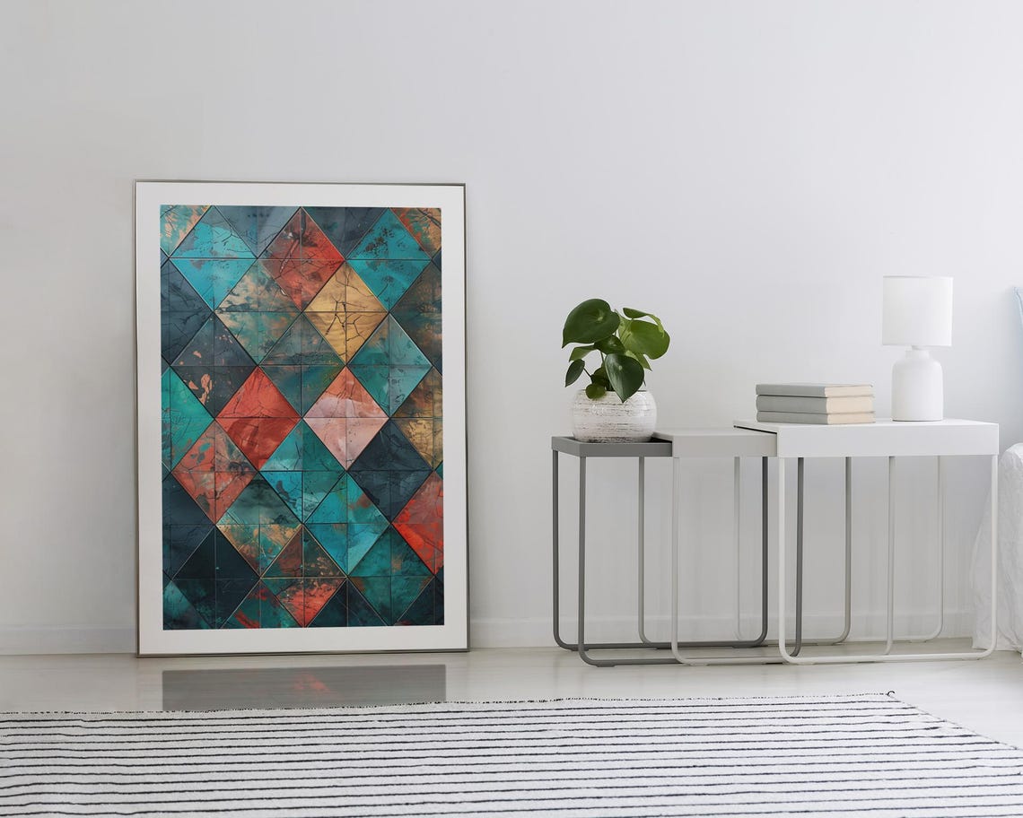 Geometric Mosaic Triangle Pattern Teal Red Gold Abstract Poster - Image 2