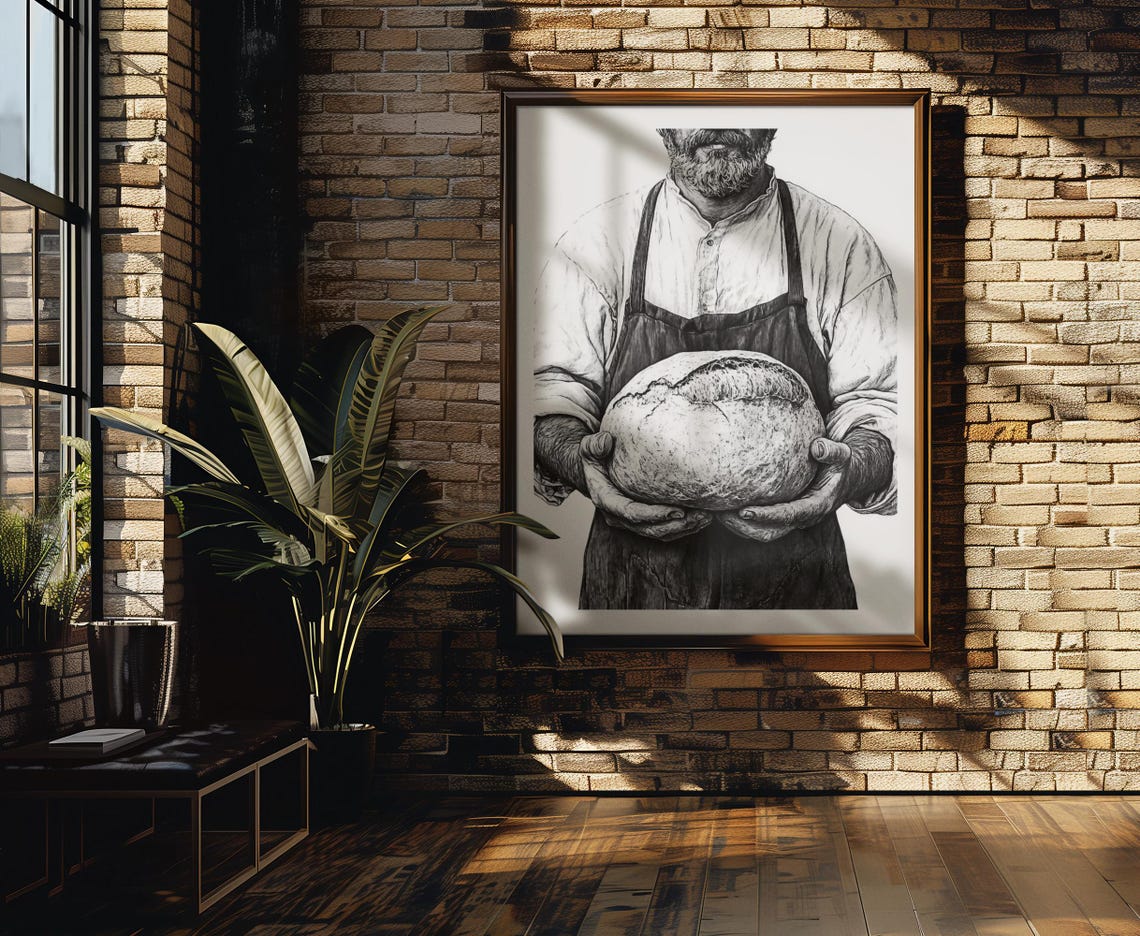 Baker Holding Artisan Bread Loaf Black And White Rustic Poster - Image 3