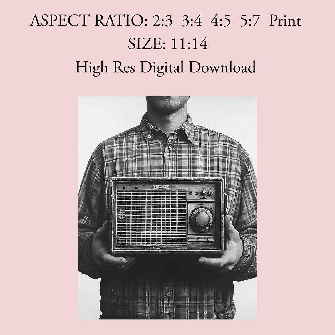 Man In Plaid Holding Vintage Radio Black And White Retro Poster - Image 4