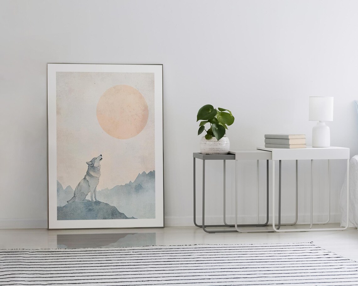 Howling Wolf Under Large Moon Misty Mountain Watercolor Poster